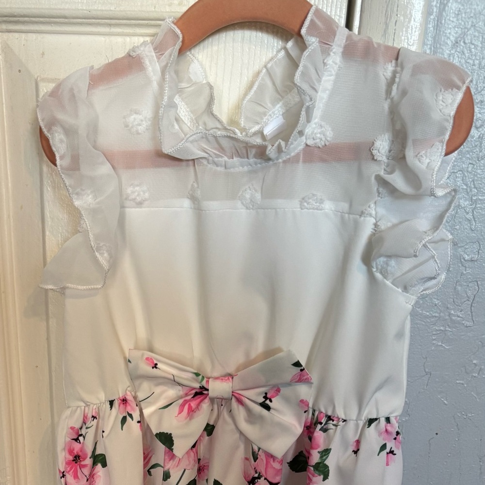 White and Pink Floral Dress with Bow